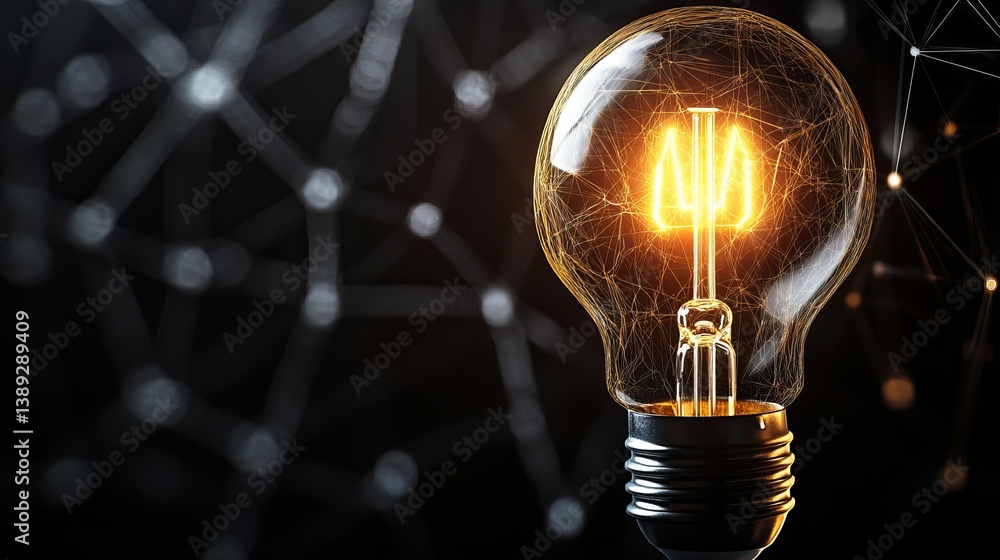 Poster illuminated light bulb with glowing filament against a network background in a dark setting