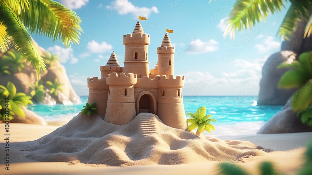 Poster stunning sandcastle on a beach with turrets and flags surrounded by lush tropical plants and ocean v