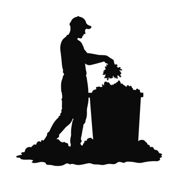 man silhouette raking leaves into bin clip art preview