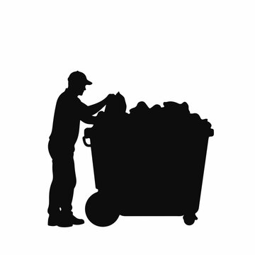 recommend clip art: Waste Worker Collecting Garbage Silhouette Against White Background  