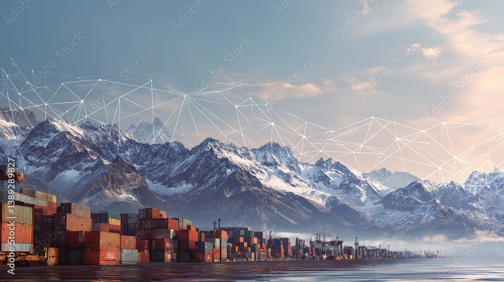 Poster abstract cargo path over mountain ranges with connected lines