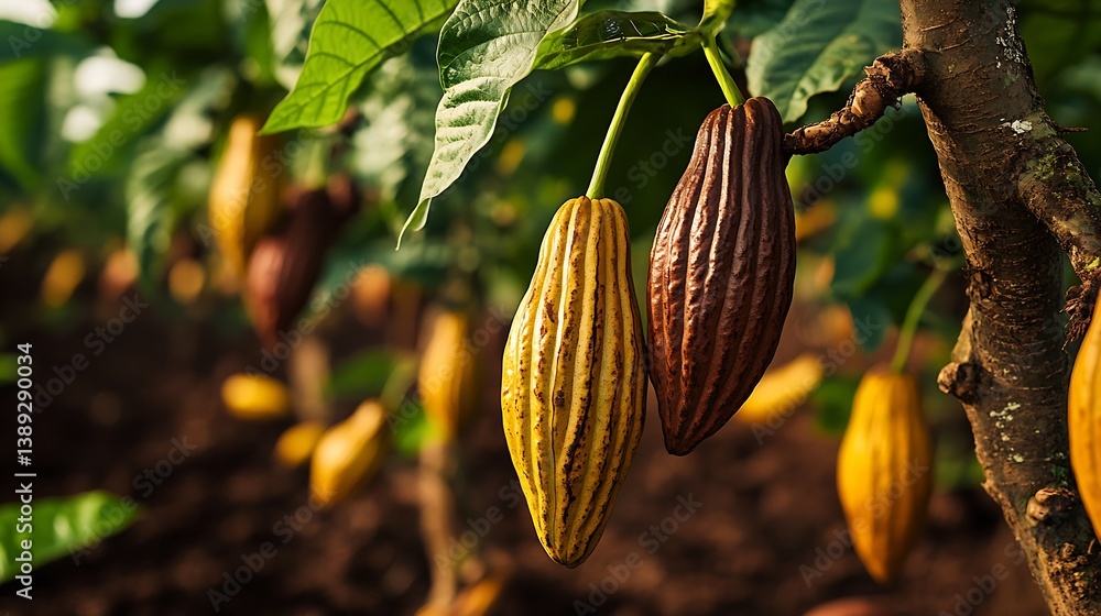 Poster three ripe cacao pods of brown and yellow colors on a cacao tree : generative ai