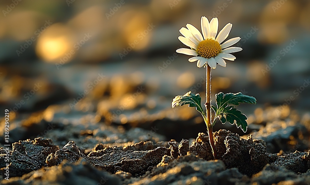Poster vibrant daisy bloom erupting from cracked earth highlighting nature's persistence in harsh condition