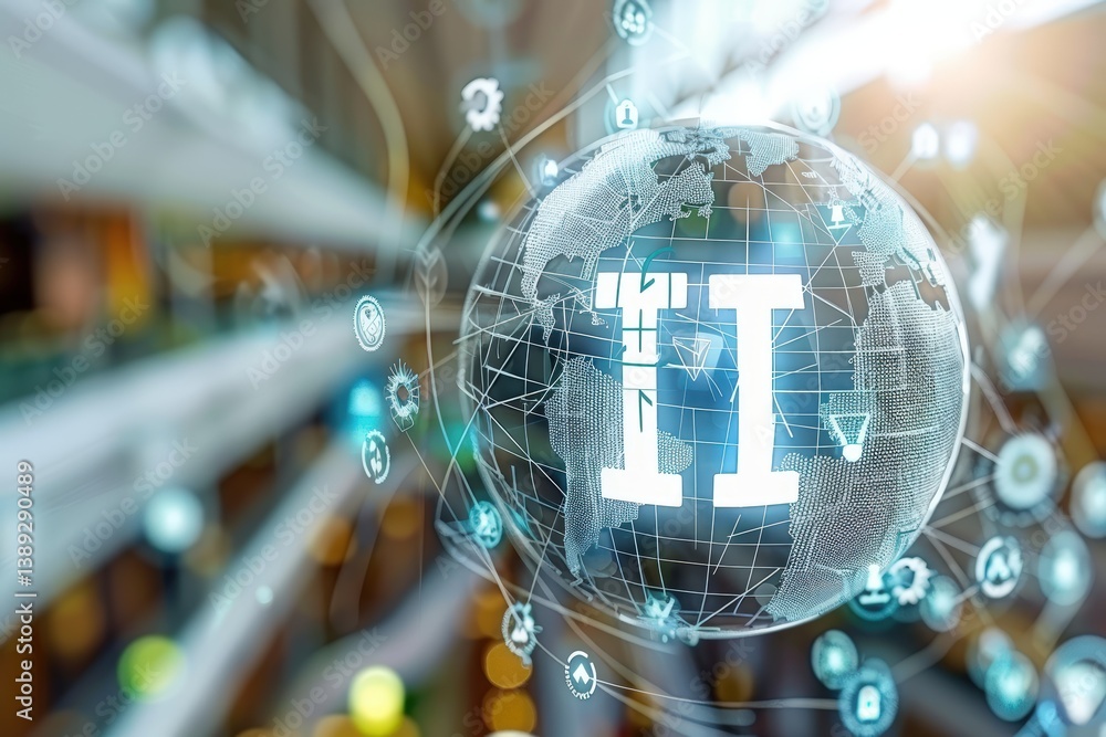 Poster digital globe with interconnected technology symbols and light effects.
