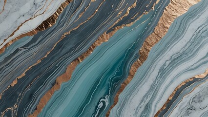 A bold fusion of metallic copper, pale aqua, and soft storm gray. Flowing thickly in layered marble, the surface shines with dreamy opalescence.