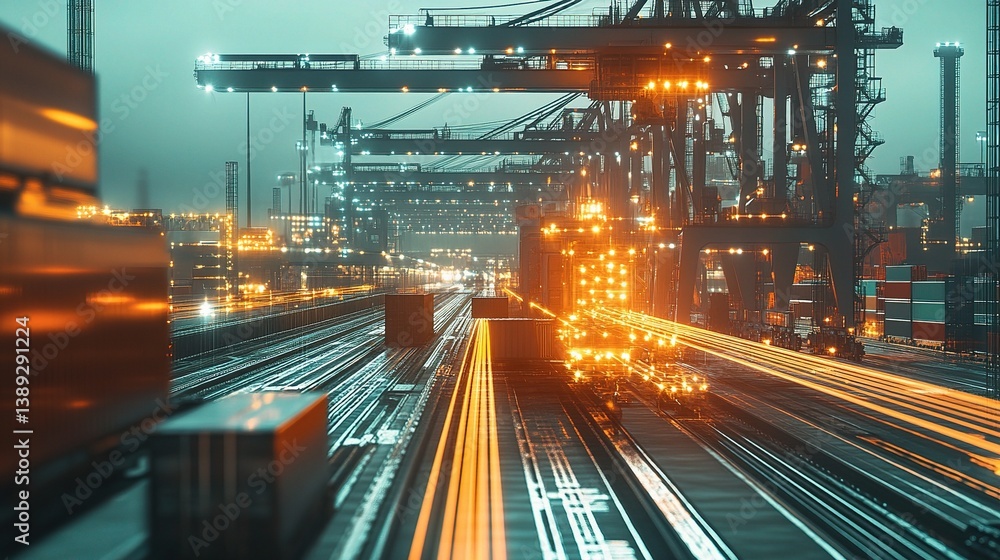 Poster futuristic robot operations in a hyper-efficient logistics hub