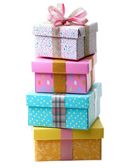 Obraz premium Stack of Colorful Gift Boxes with Ribbons Birthday Celebration Party Presents