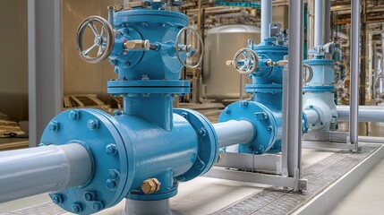 Close-up of Water Pump Station with Valves and Piping System