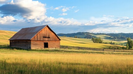 Rustic wooden barn in golden field