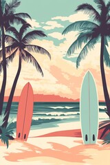 Two surfboards stand on the beach surrounded by palm trees