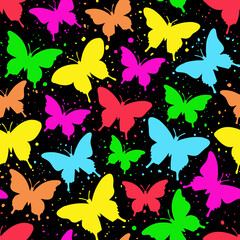 Pattern of multicolored butterflies on a black background in grunge style. Drawn with brush strokes, splashes, blots.