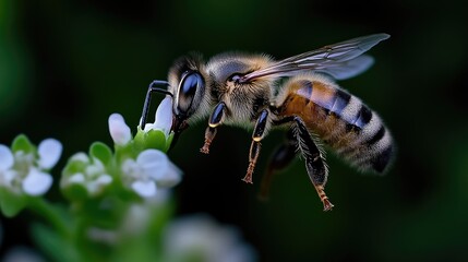 Honeybee in flight, pollinating a small white flower.  Close-up view of the bee's intricate details, showcasing its fuzzy body and delicate wings as it hovers near the blossom