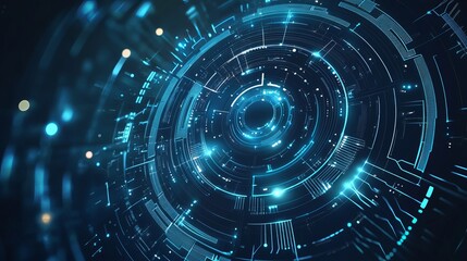 Obraz premium Abstract glowing blue circular technology design with intricate circuit patterns and bokeh effects