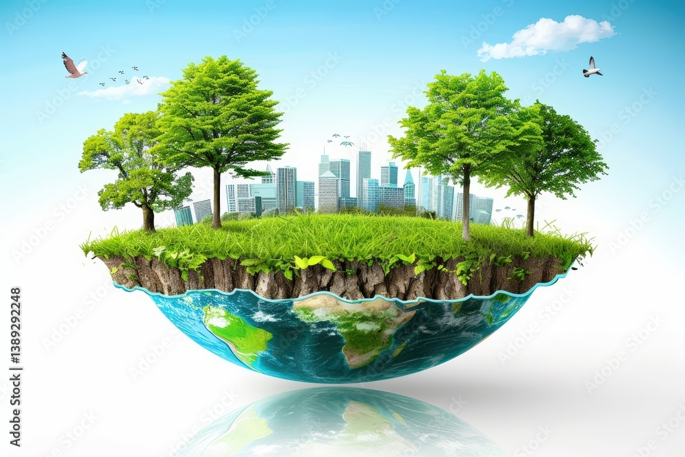Poster a floating island with trees and a city skyline in the background.