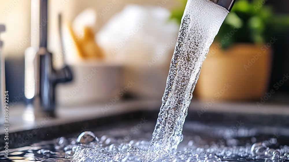 Poster Pouring Fresh Water from a Faucet into a Glass Filled with Bubbles and Sparkles in a Kitchen : Generative AI