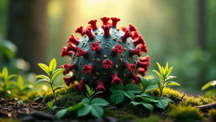 3D render of a coronavirus particle in a forest setting, surrounded by lush greenery.