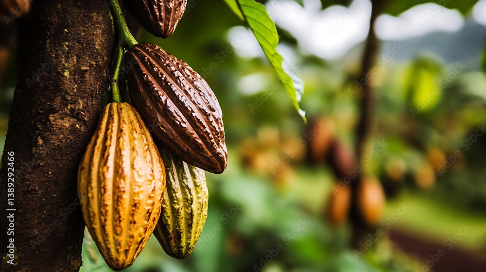 Poster Multiple cocoa pods close up showcasing their unique textures and colors on a lush farm : Generative AI