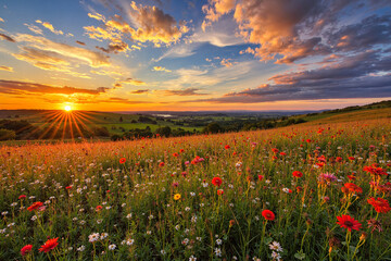 Obraz premium Beautiful colorful meadow of wild flowers with sunset and blurred background - Generative AI