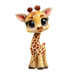Obraz premium Whimsical giraffe calf illustration with soft fur and big eyes; A cute animal portrait on a black background with digital rendering.