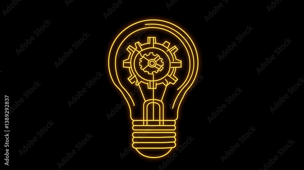 Poster glowing outline of a lightbulb with gears inside on a black background representing ideas and innova