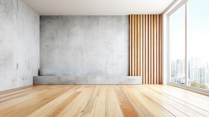 A minimalist interior room featuring concrete walls, wooden flooring, and large windows that offer a view of the city skyline.