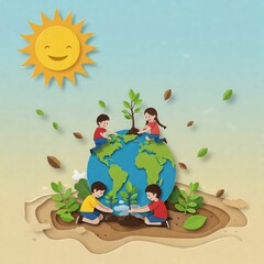 Naklejka premium A bright illustration depicting children planting trees on a stylized Earth under a smiling sun. 