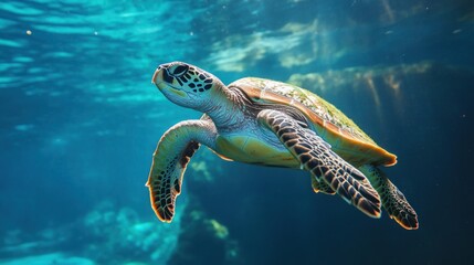 Fototapeta premium Sea turtle swimming in a deep blue ocean