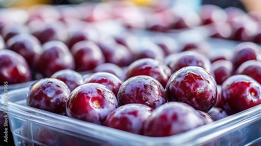 Poster close-up view of plump red plums in clear plastic containers at a local market : generative ai