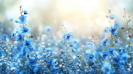 Blue flowers bloom in a sunlit field, soft and dreamy