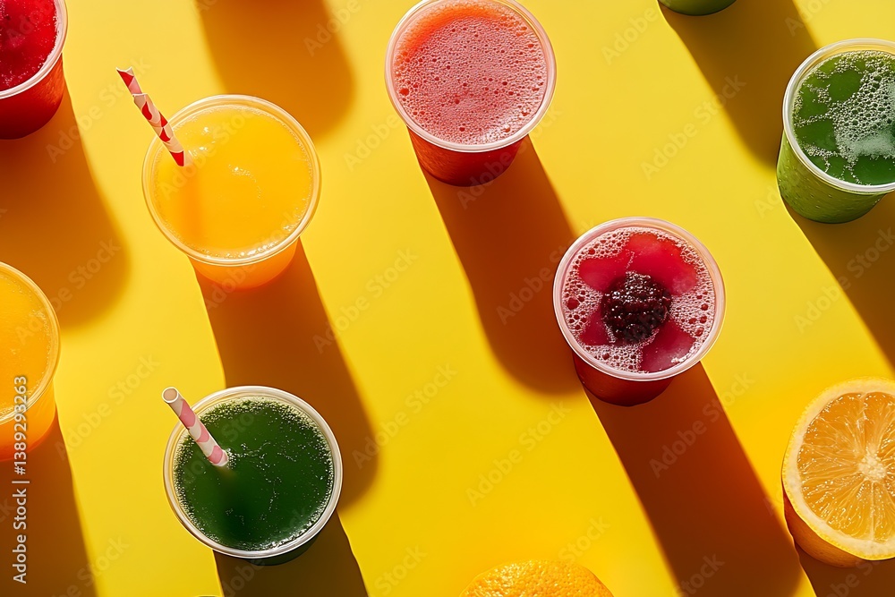 Poster colorful fruit drinks arranged in cups with playful shadows on a bright yellow surface : generative 