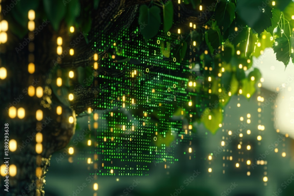 Poster lush greenery with shimmering lights cascading down a tree.
