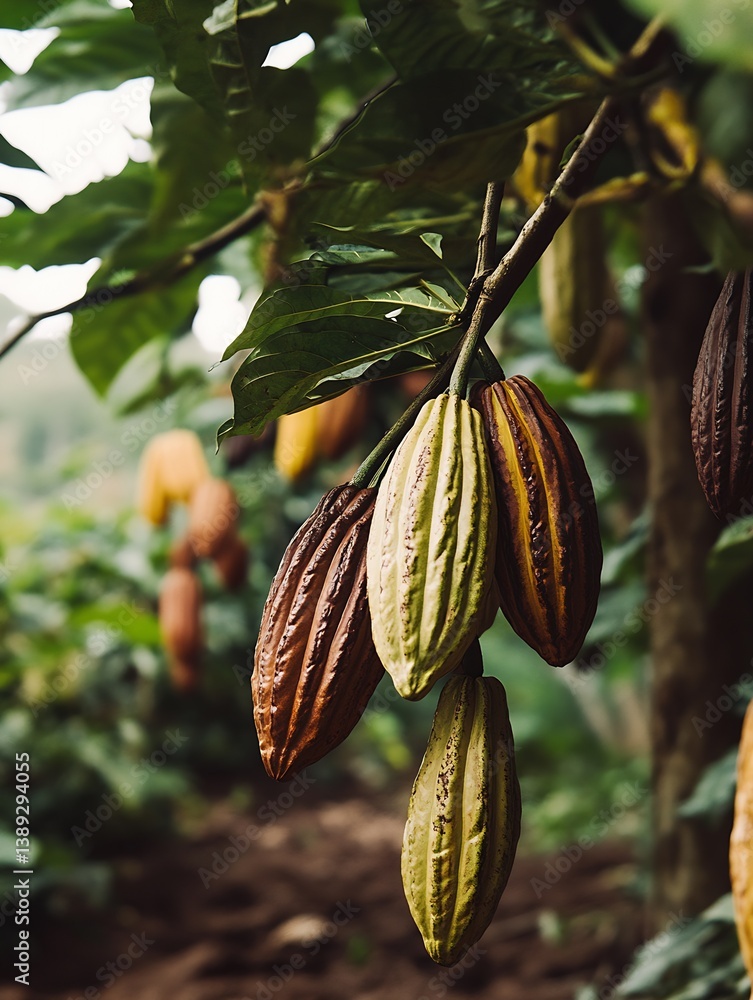 Poster clusters of cacao pods showcasing vibrant colors hanging from branches in a rich green landscape : g