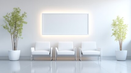 A minimalist interior featuring three white chairs and two potted plants against a bright background, creating a modern and inviting atmosphere.