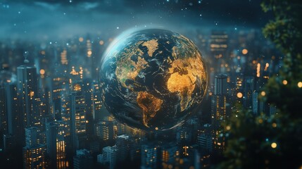 The Earth hovers above a glowing city at night time