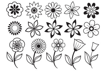 Fototapeta premium Whimsical Flower Line Art Set – Hand-Drawn Black and White Floral Illustrations – Cute Botanical Doodle Clipart for Crafts