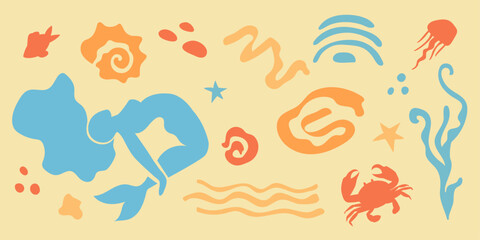 Sea mermaid seaweed organic silhouette set with abstract seashell crab fish sea creatures and plants coral, seashell conch flat simple poster marine art. Isolated. Vector illustration.