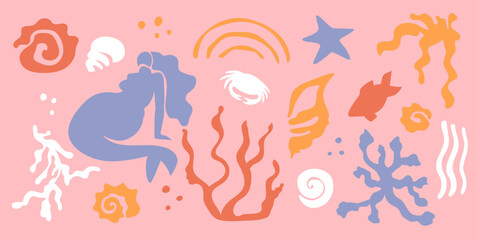 Sea mermaid seaweed organic silhouette set with abstract seashell crab fish sea creatures and plants coral, seashell conch flat simple poster marine art. Isolated. Vector illustration.