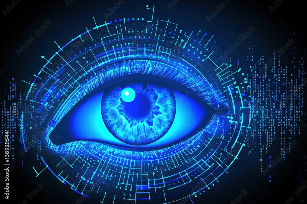 Poster digital eye design with blue tones and circuit patterns.