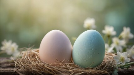 Fototapeta premium Two eggs, one pink, one blue, rest in nest surrounded by white flowers with soft-focus green background suggesting spring setting. Image captures essence of renewal, life often associated with eggs.