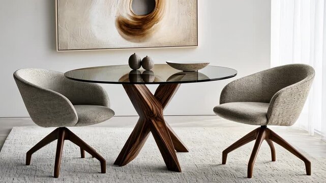 Modern Dining Set: Glass Table and Swivel Chairs