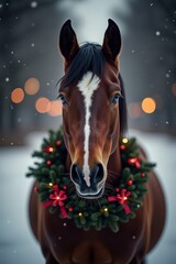 A close-up portrait of a horse adorned with a festive Christmas wreath around its neck. The background features softly glowing Christmas lights and a snowy landscape