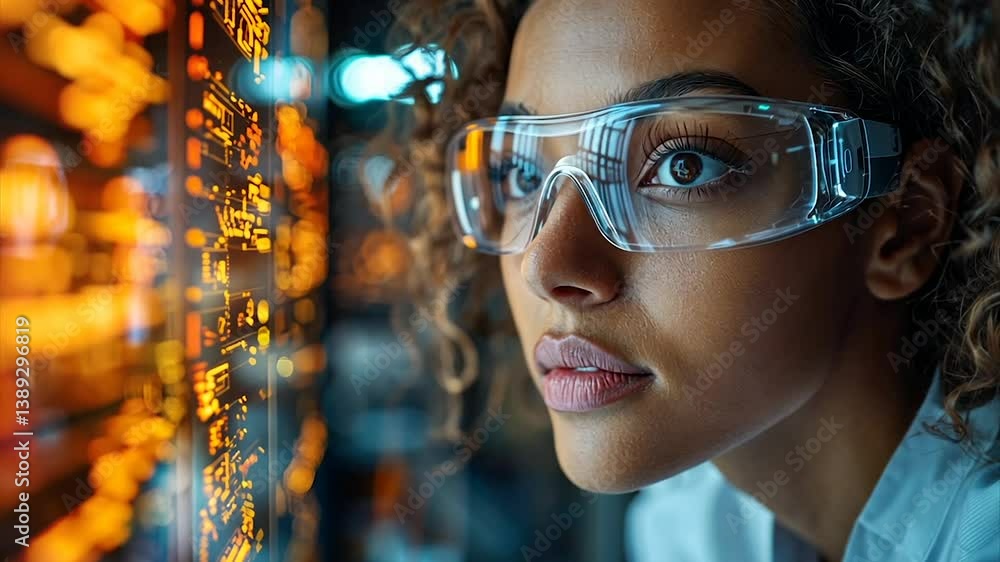 Poster focused scientist examines glowing data display