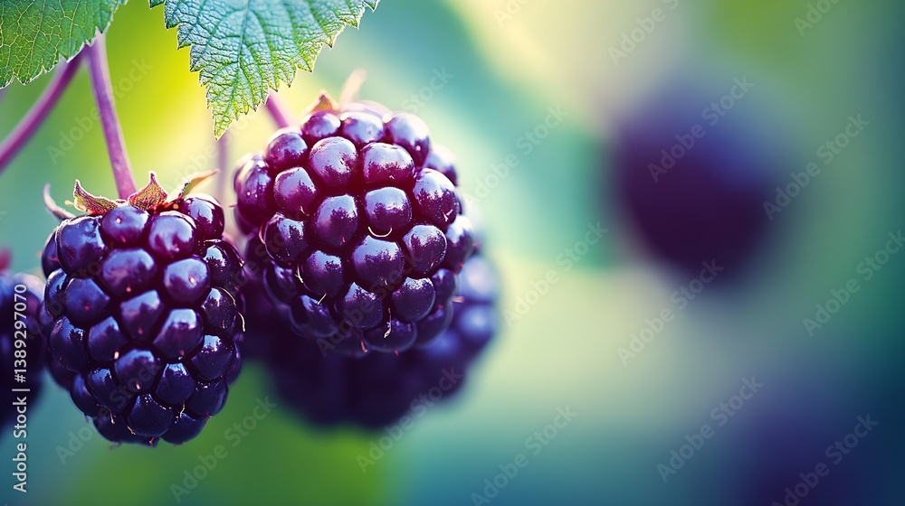 Poster Delightful Close-up of Blackberries with Dew Drops in a Natural Setting Emphasizing Their Freshness : Generative AI