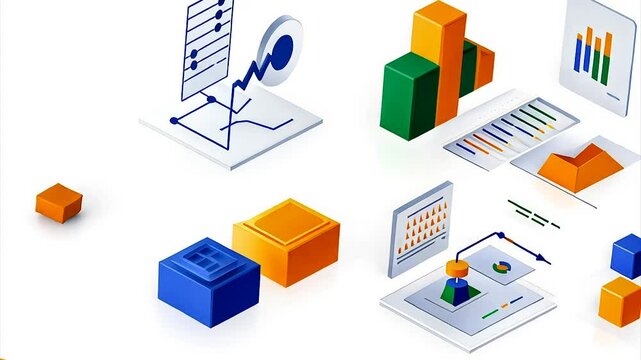 Data visualization elements,  isometric style.  Illustrative graphics show charts, graphs, reports, and  cubes, representing business analytics, financial data, and process optimization