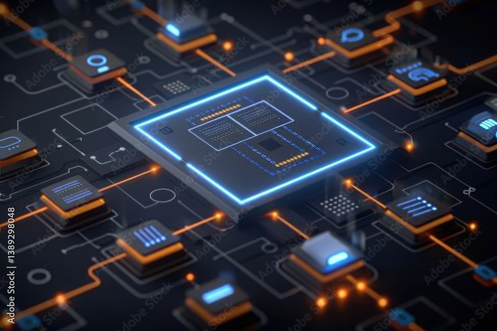 Poster futuristic circuit board with glowing microchip design.