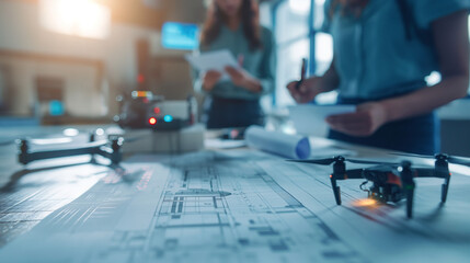 Architecture and Innovation: model of a skyscraper with base isolators , holographic data projections, and drones inspecting