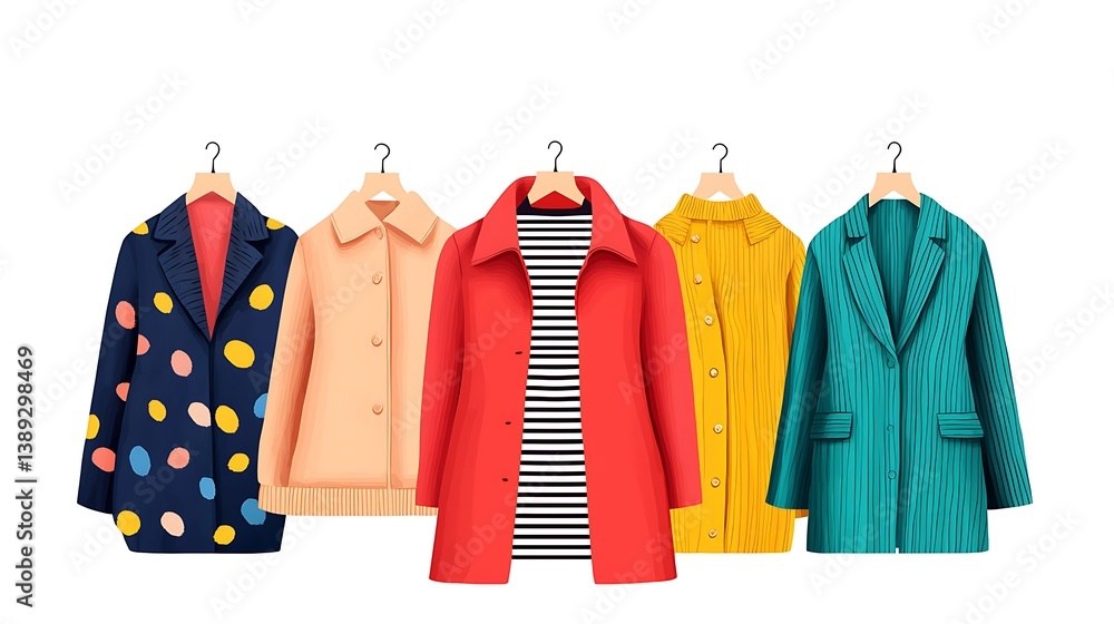 Aufkleber a collection of colorful jackets displayed on hangers, showcasing various patterns and styles, perfe