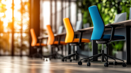 Fototapeta premium Ergonomic chairs in modern office space create vibrant and productive atmosphere, enhancing comfort and style
