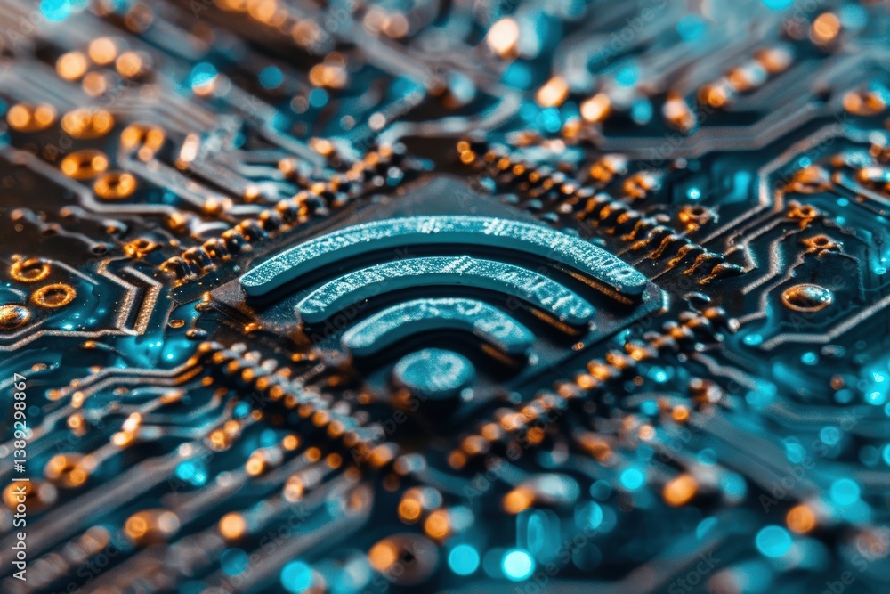 Poster high-tech circuit board with a wi-fi symbol illuminated in blue.