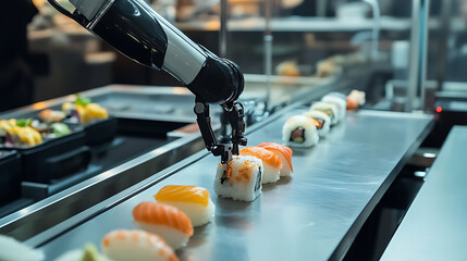 A robotic arm making sushi, in a modern automated sushi bar with conveyor belts and digital ordering, Culinary innovation style